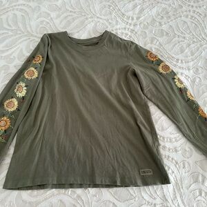 Woman’s Life is Good Green Long Sleeve Shirt with Sunflower Print